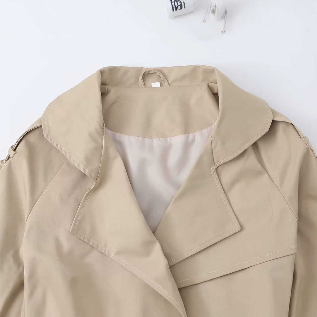Damen Kurzer Taillierter Trench‑Blouson mit Kapuzenkragen, Schleifenbindegürtel und Raglanärmeln Drune