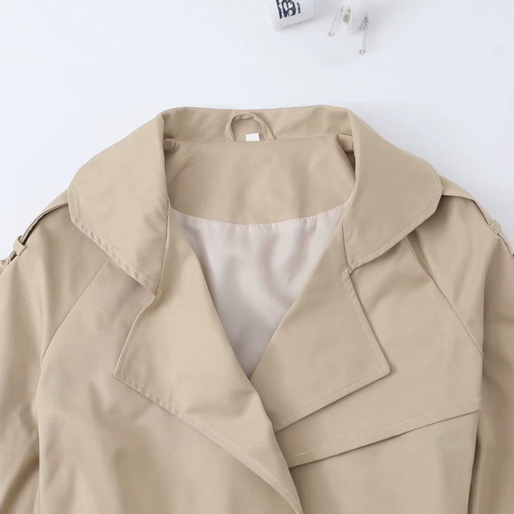Damen Kurzer Taillierter Trench‑Blouson mit Kapuzenkragen, Schleifenbindegürtel und Raglanärmeln Drune