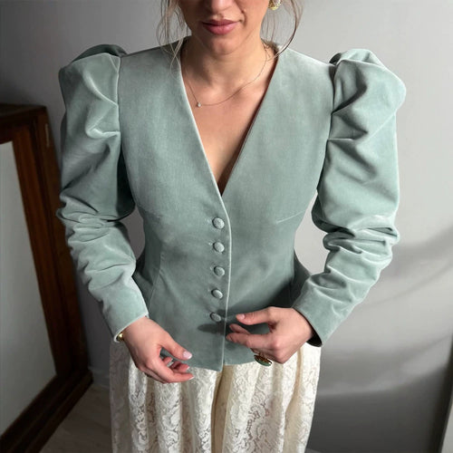 Damen Taillierter Samtblazer mit betonter Taille, V-Ausschnitt und voluminösen Puffärmeln Drune