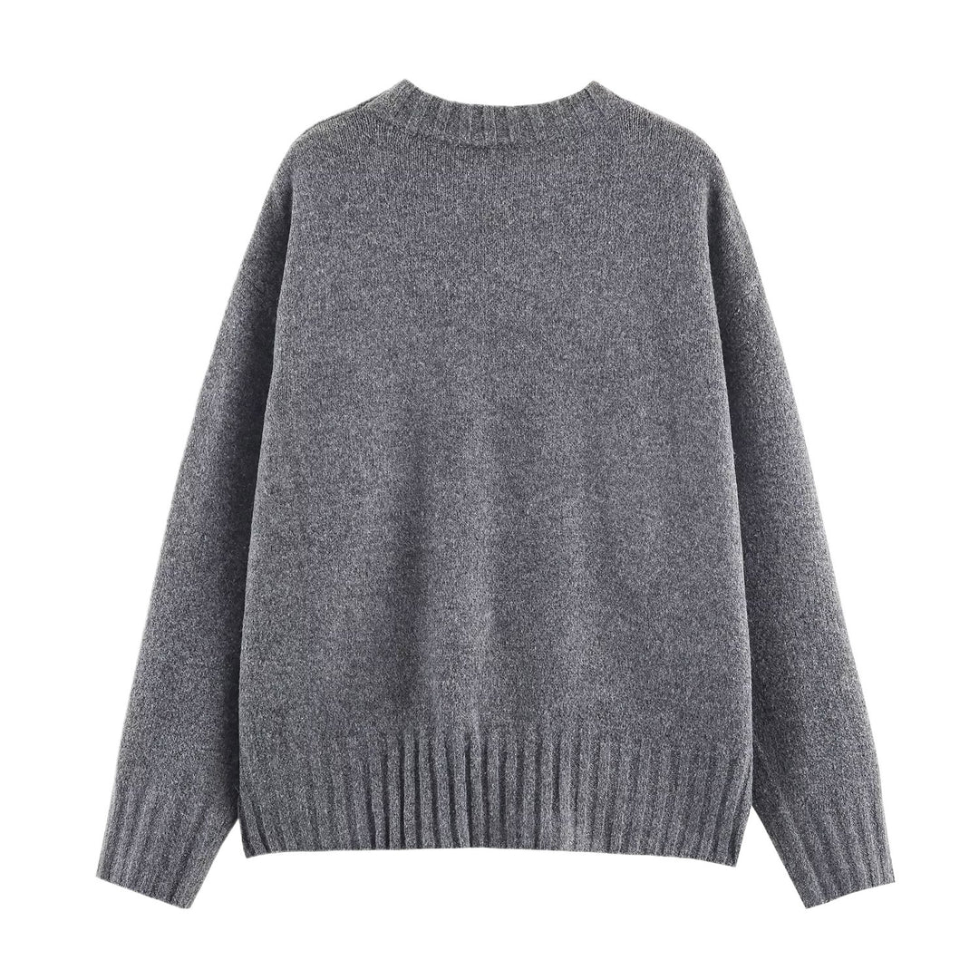 Damen modischer Oversize-Strickpullover mit Rundhalsausschnitt und Rippbündchen Drune