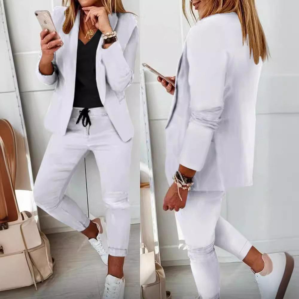 Damen nan Smart-Casual Blazer-Set mit offenem Longblazer und tapered Jogpant mit Kordelzug Drune