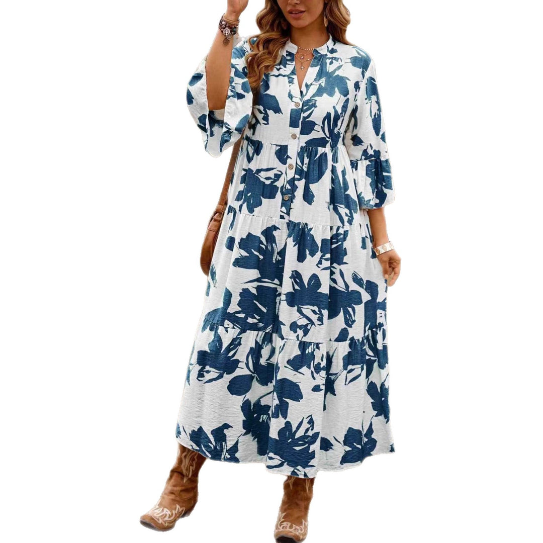 Damen Langes Stufenkleid mit V-Ausschnitt, Knopfleiste und Volantärmeln Drune