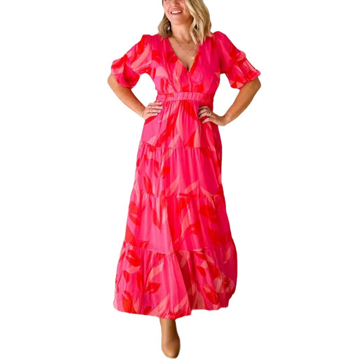 Damen nan ausgestelltes Maxikleid mit V-Ausschnitt, elastischer Unterbrustnaht und gestuftem Rock Drune