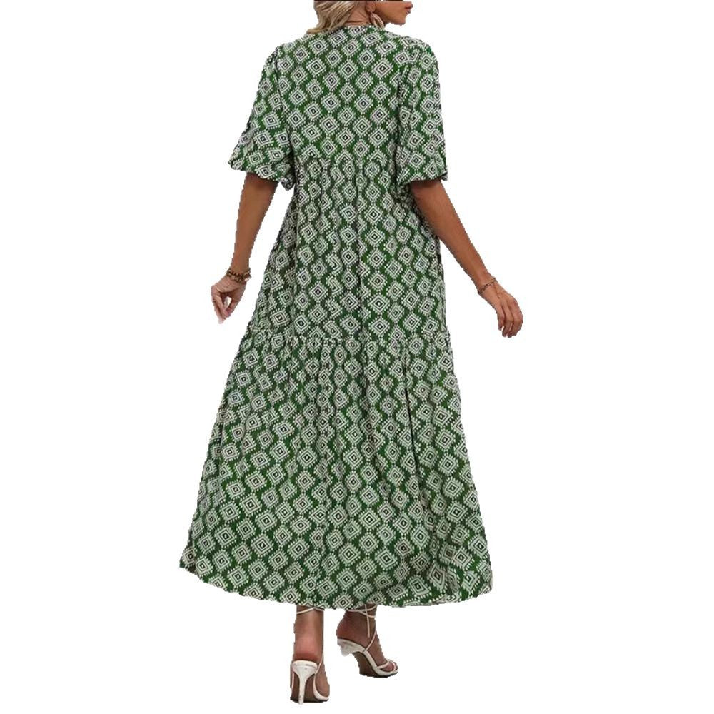 Damen nan luftiges Maxikleid mit geometrischem Ethno-Print, gerafftem Stufenrock und Schlüssel-Ausschnitt Drune