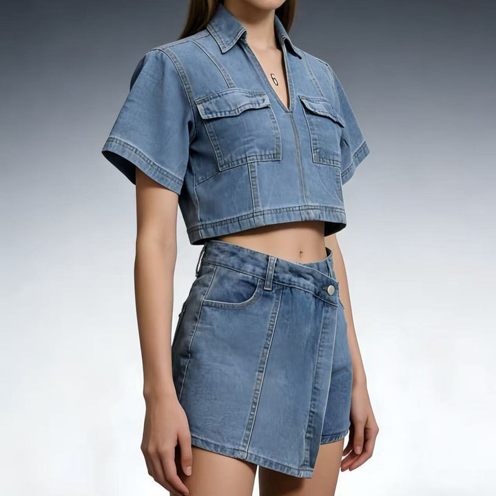 Damen modisches cropped Hemd mit aufgesetzten Taschen und lässigen Shorts Drune