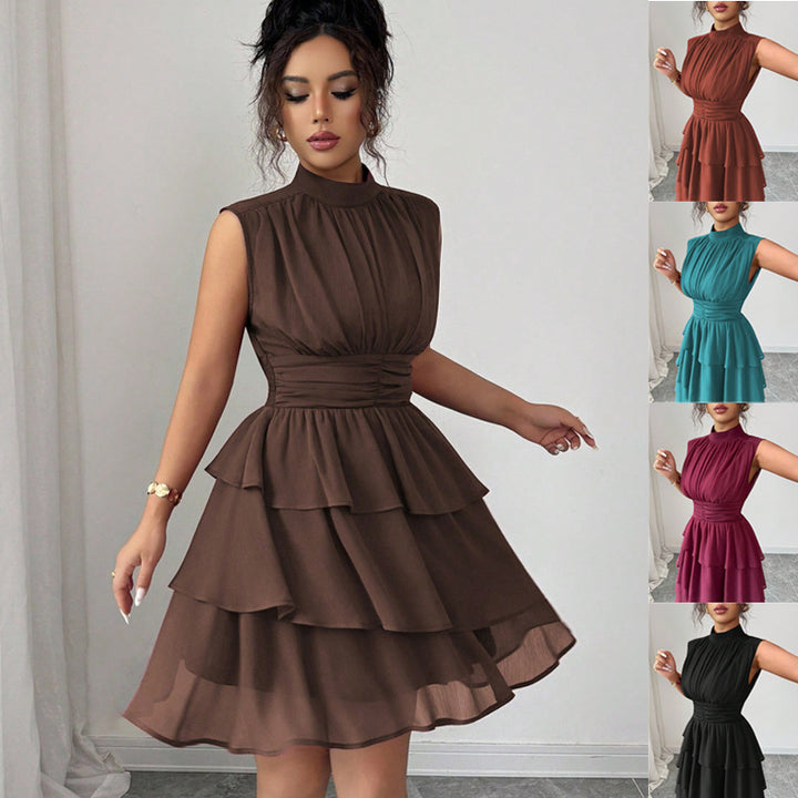 Damen Ärmelloses Chiffon-Stufenkleid mit Stehkragen und taillierter Raffung Drune