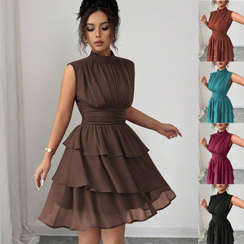 Damen Ärmelloses Chiffon-Stufenkleid mit Stehkragen und taillierter Raffung Drune