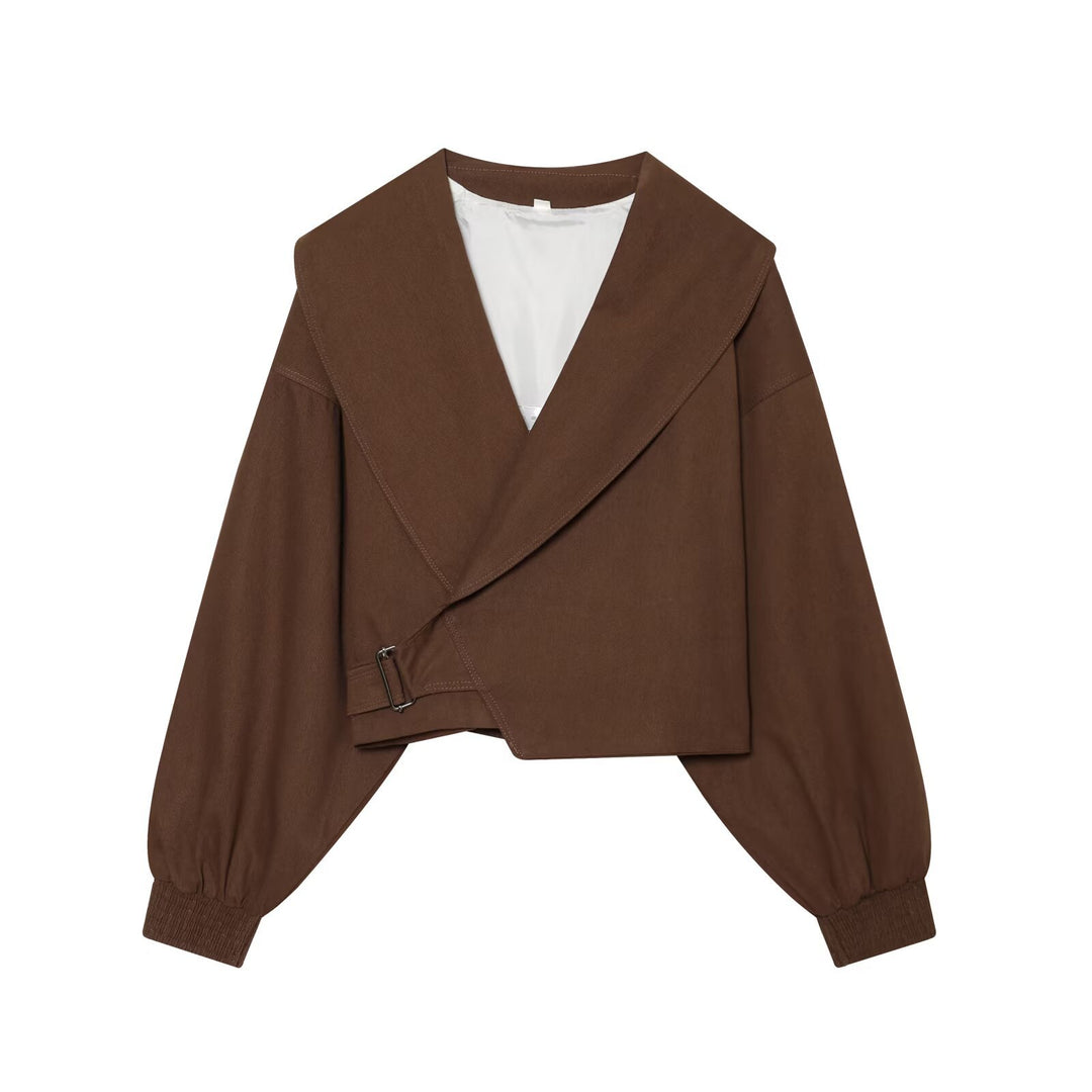 Damen Cropped-Manteljacke mit weitem Schalkragen, Taillenriegel und Ballonärmeln Drune
