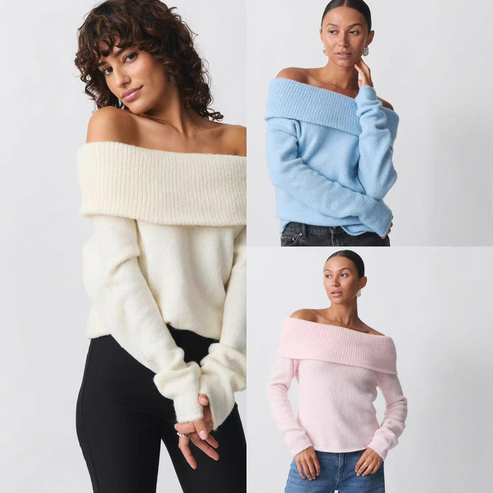 Damen nan Off-Shoulder Grobstrickpullover mit breitem Umschlagkragen und lässiger Oversize-Passform Drune