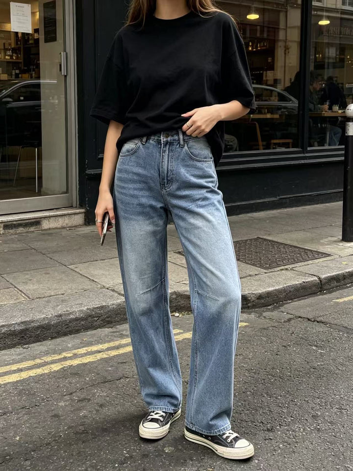 Damen nan hochgeschnittene weite Jeans mit geradem Bein, Knieabnähern und klassischem Five‑Pocket‑Schnitt Drune