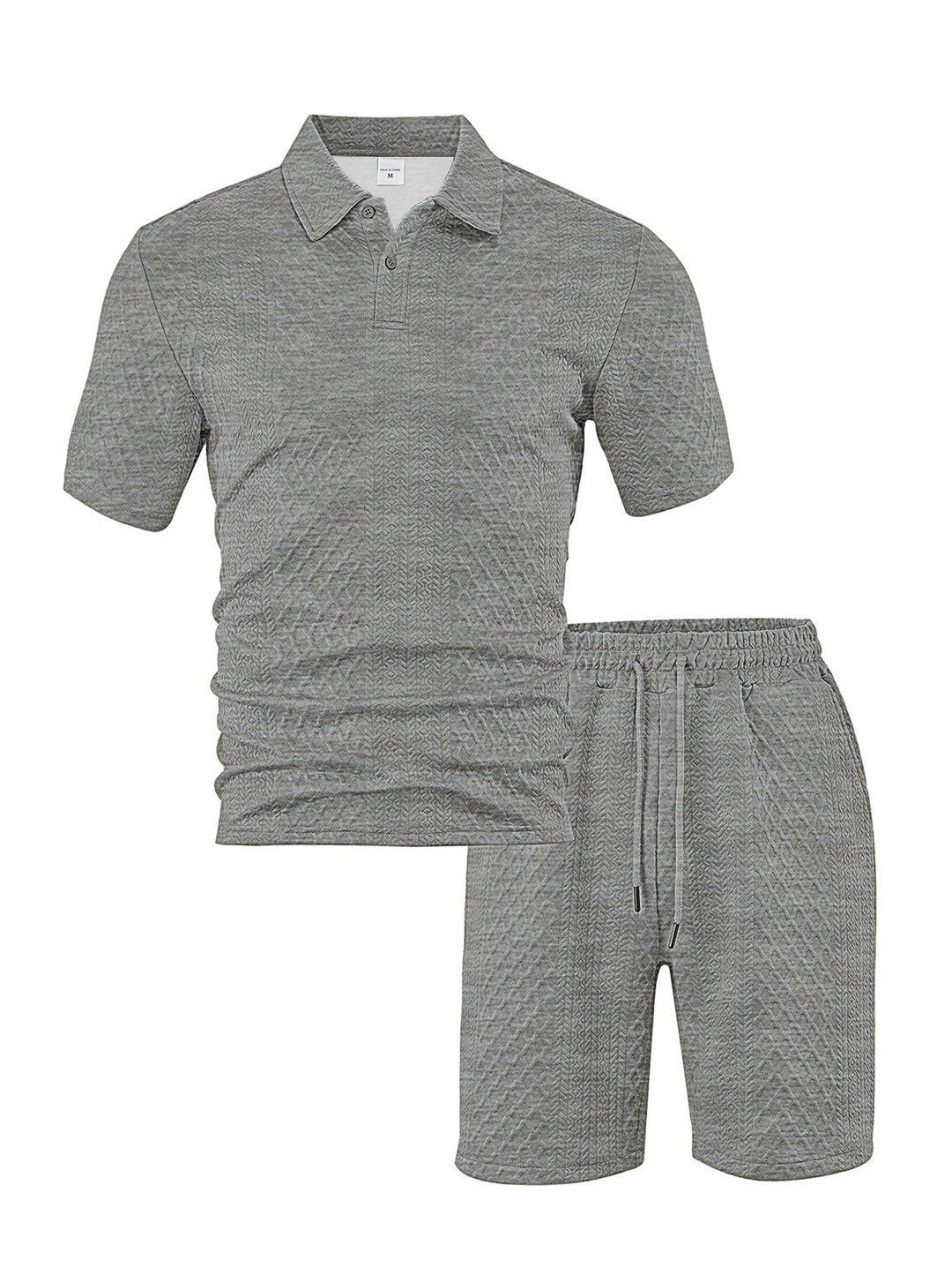 Herren nan eleganter Freizeit-Zweiteiler aus geprägtem Strick mit Polokragen Kurzarmshirt und Tunnelzug-Bermuda Drune