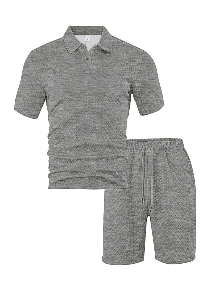 Herren nan eleganter Freizeit-Zweiteiler aus geprägtem Strick mit Polokragen Kurzarmshirt und Tunnelzug-Bermuda Drune
