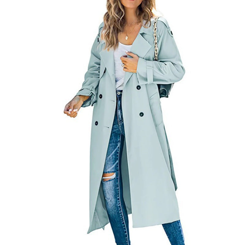 Damen eleganter Trenchcoat mit doppelt Reihe Knopfverschluss und Taillengürtel Drune
