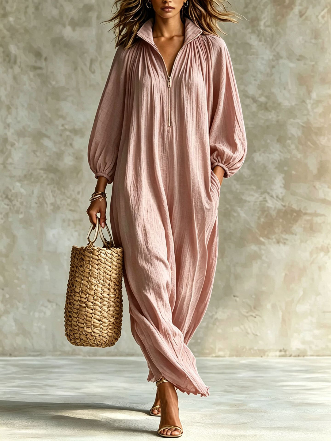 Damen Luftiger Maxi-Jumpsuit mit Ballonärmeln, halbhohem Reißverschluss und Eingrifftaschen Drune