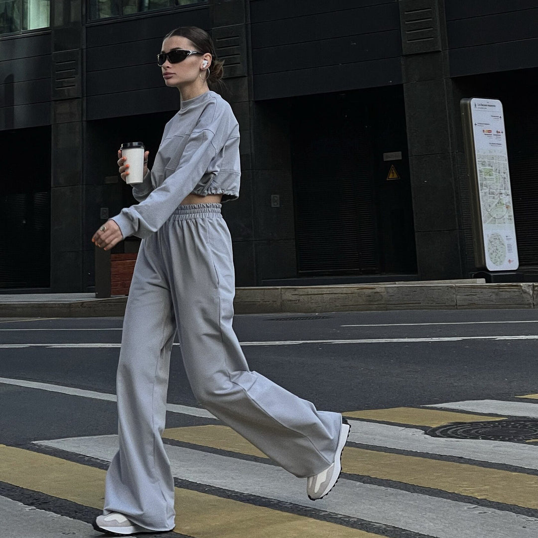 Damen Cropped Loungewear-Set mit gerafftem Tunnelzug und weiter High-Waist-Hose Drune