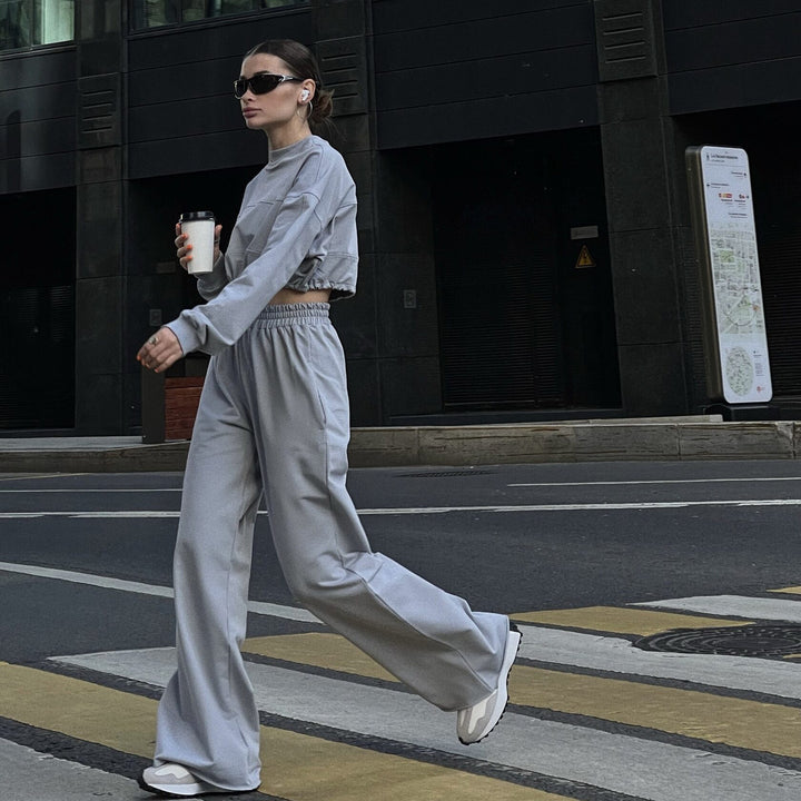 Damen Cropped Loungewear-Set mit gerafftem Tunnelzug und weiter High-Waist-Hose Drune