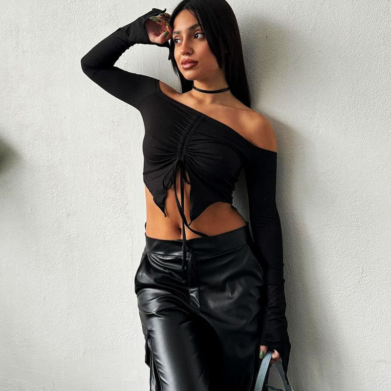 Damen Kapuzen Crop-Oberteil mit weitem Ärmel und Kordelzug Drune