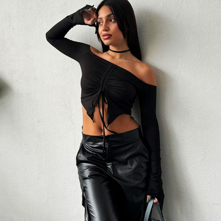 Damen Kapuzen Crop-Oberteil mit weitem Ärmel und Kordelzug Drune