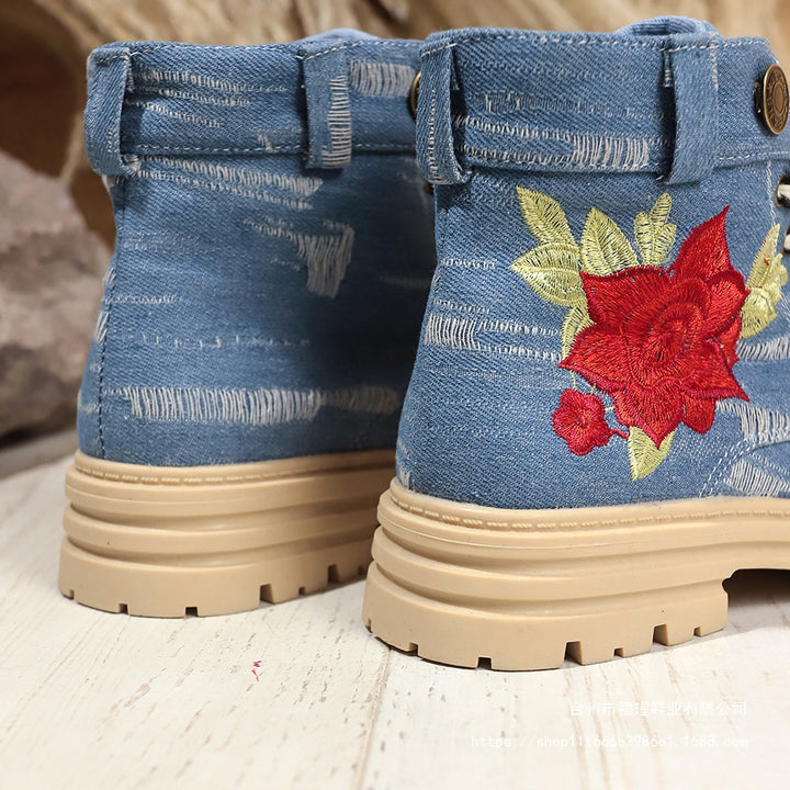 Damen Modische Schnürstiefeletten mit floralem Stickmuster und rutschfester Sohle Drune