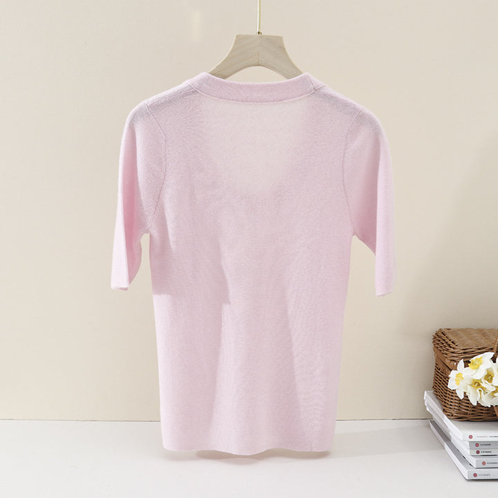 Damen Feines Feinstrick-Shirt mit tiefem Rundhals und dreiviertel Ärmeln Drune