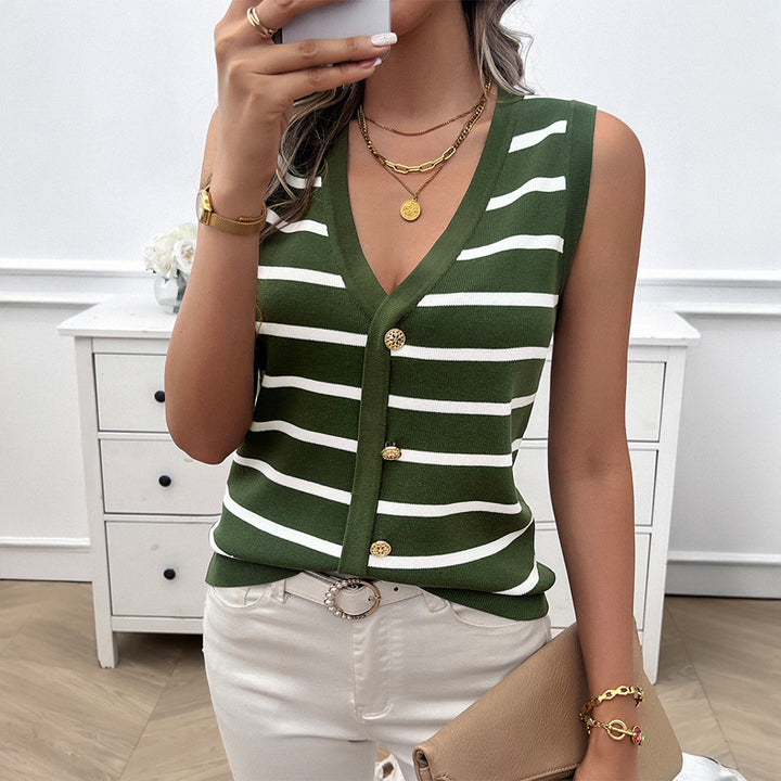 Damen Langarmstricktop mit abwechselndem Streifenmuster und Knopfverschluss Drune