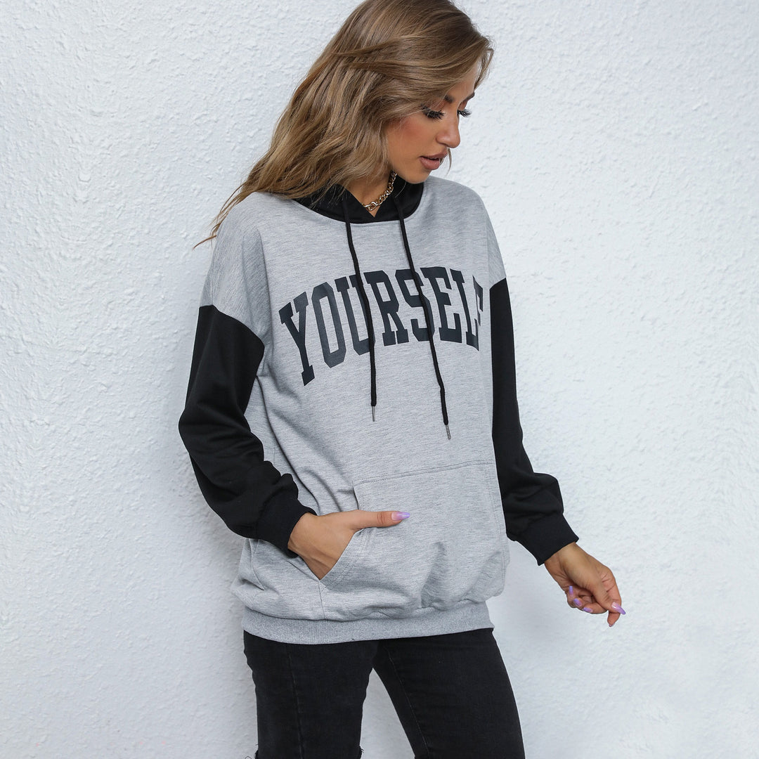 Damen Oversize-Kapuzenpullover mit College-Print, Kängurutasche und Kontrastärmeln Drune