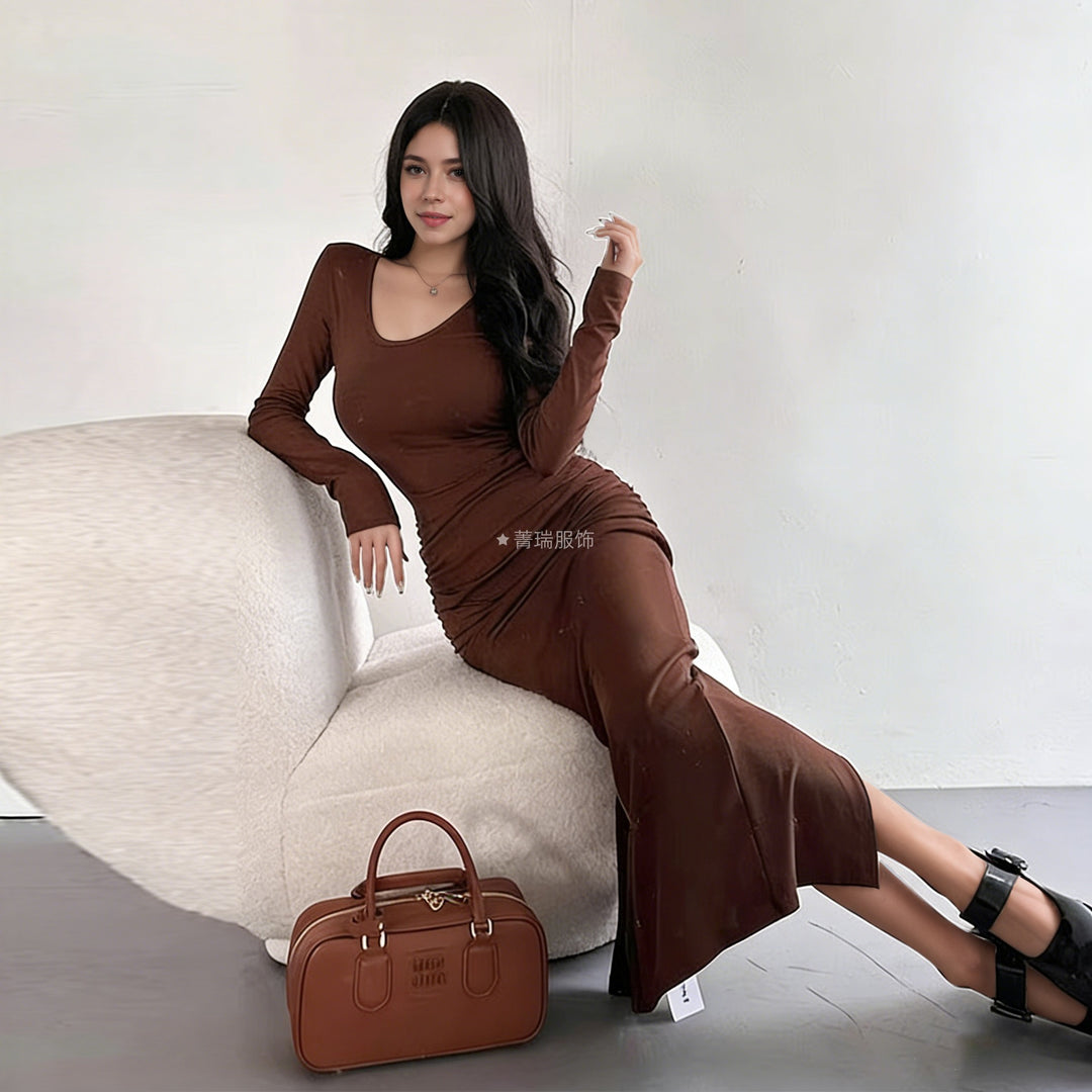Damen elegantes und figurbetontes Langarmkleid Drune