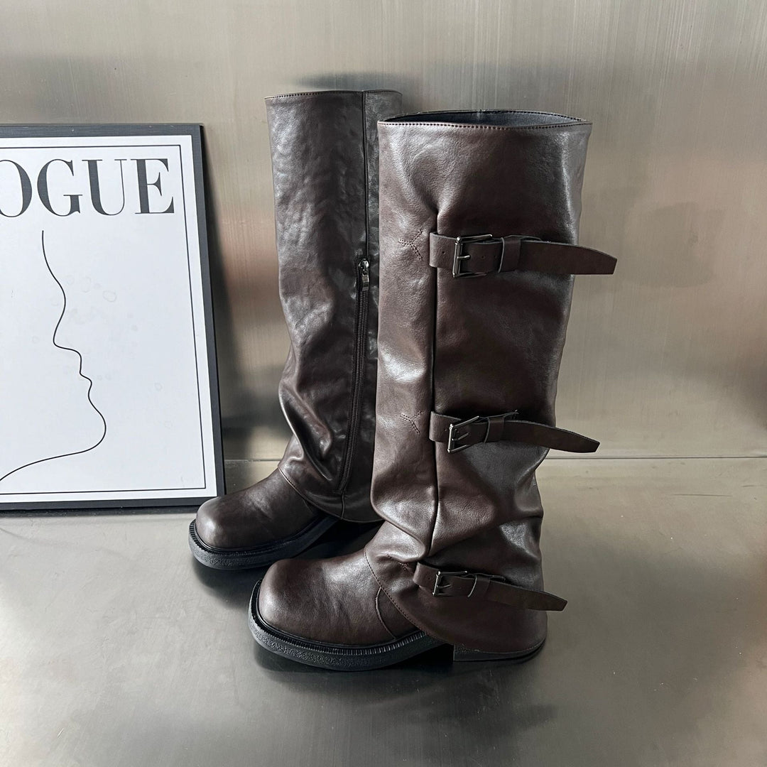 Damen modische Stiefel mit verstellbaren Riemen und robustem Profil Drune