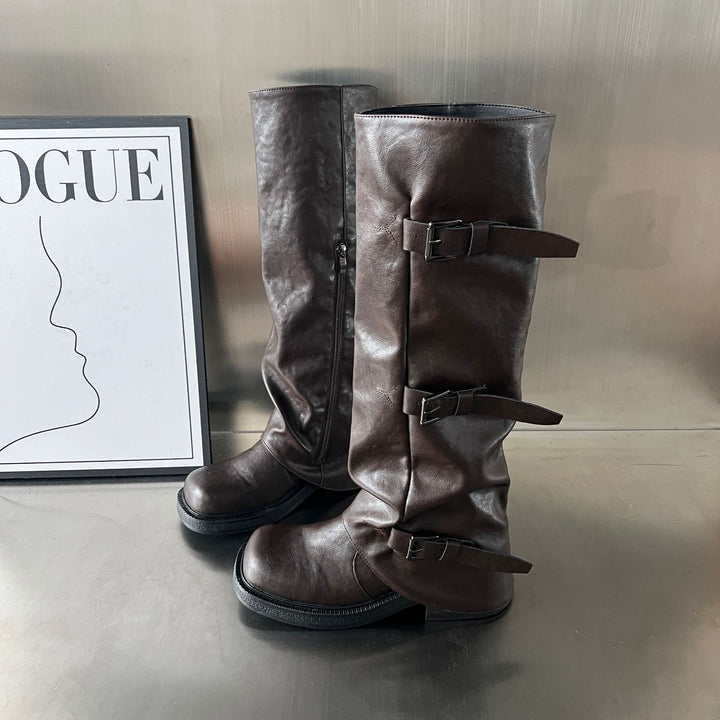 Damen modische Stiefel mit verstellbaren Riemen und robustem Profil Drune