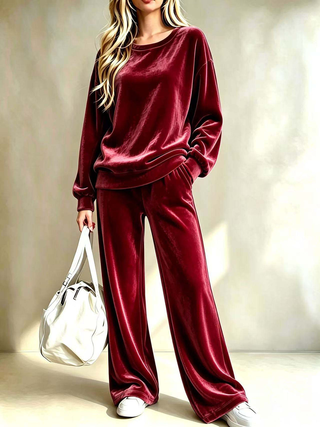 Damen Weiches Velours-Loungewear-Set mit weitem Bein und Rundhalsausschnitt Drune