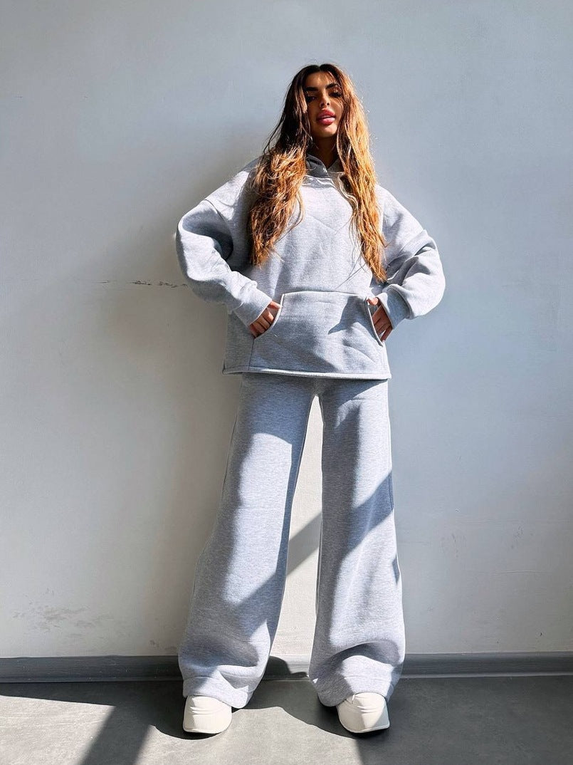Damen Scuba-Fleece Lounge-Set mit Oversize-Kapuzenpullover und weiter Flare-Hose Drune