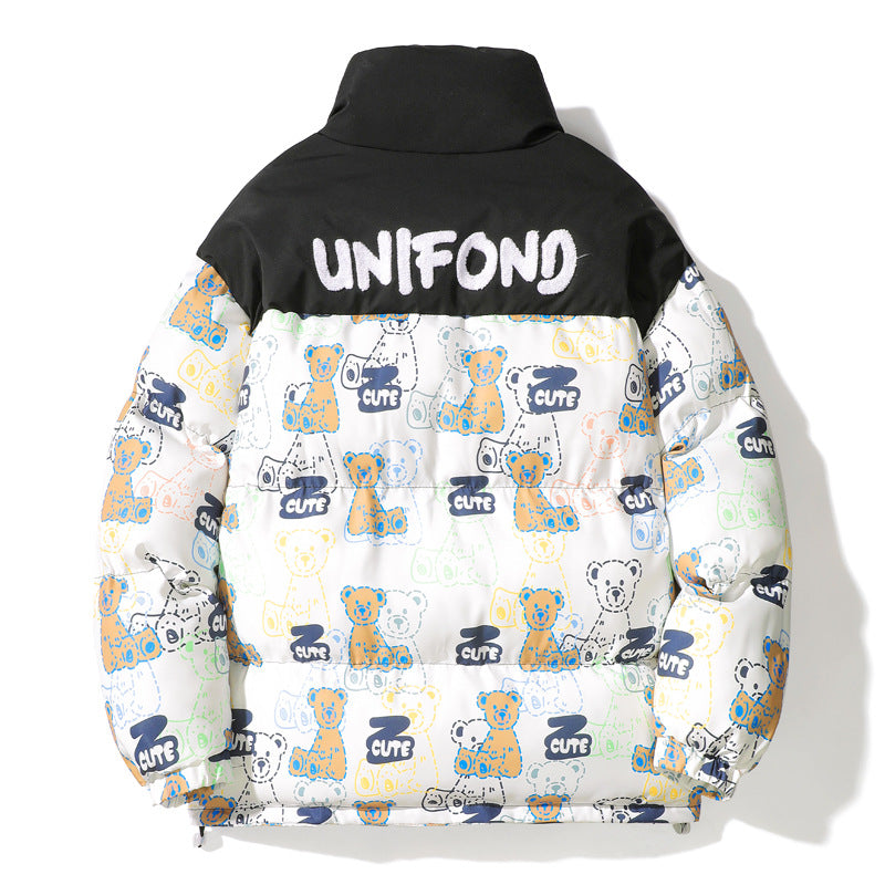 Unisex Gestepptes Teddy‑Print Pufferjacke mit hohem Kragen Drune