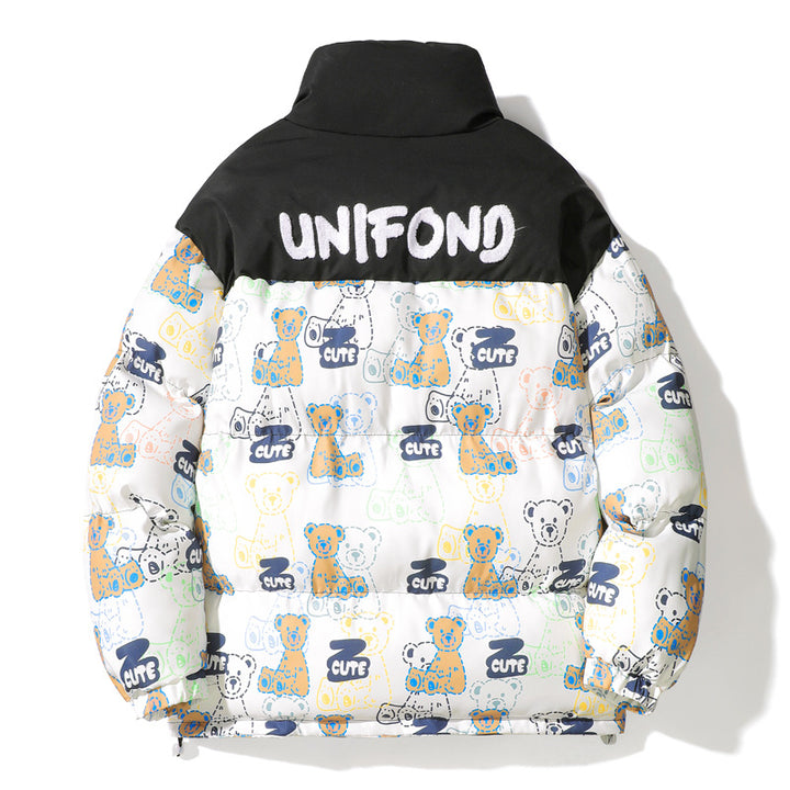 Unisex Gestepptes Teddy‑Print Pufferjacke mit hohem Kragen Drune