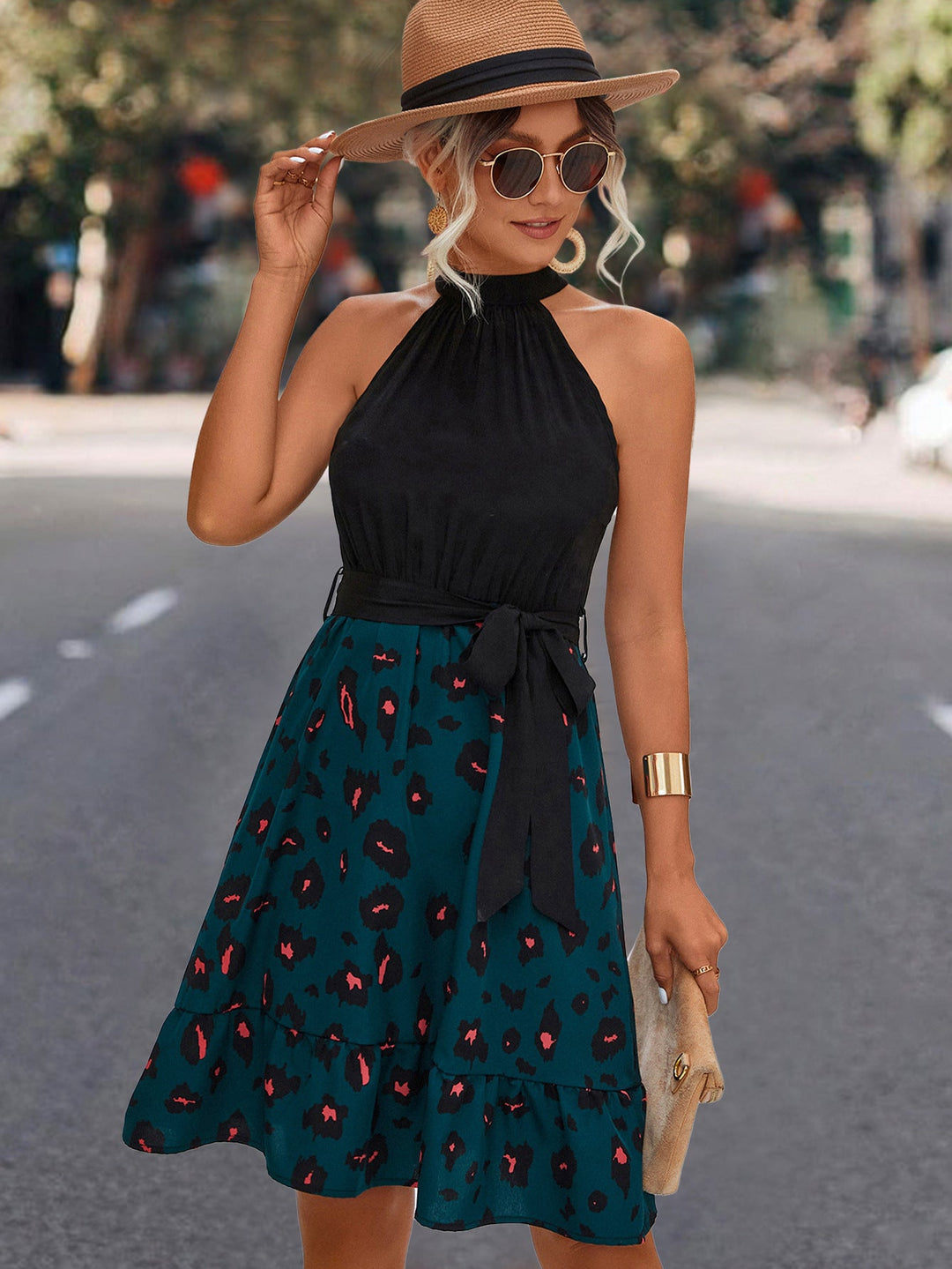 Damen Halterkleid mit voluminösem Rock und elegante Schleife Drune