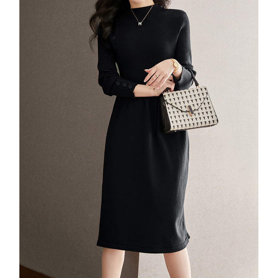 Damen Strickkleid mit eleganten Knopfdetails und Rundhalsausschnitt Drune