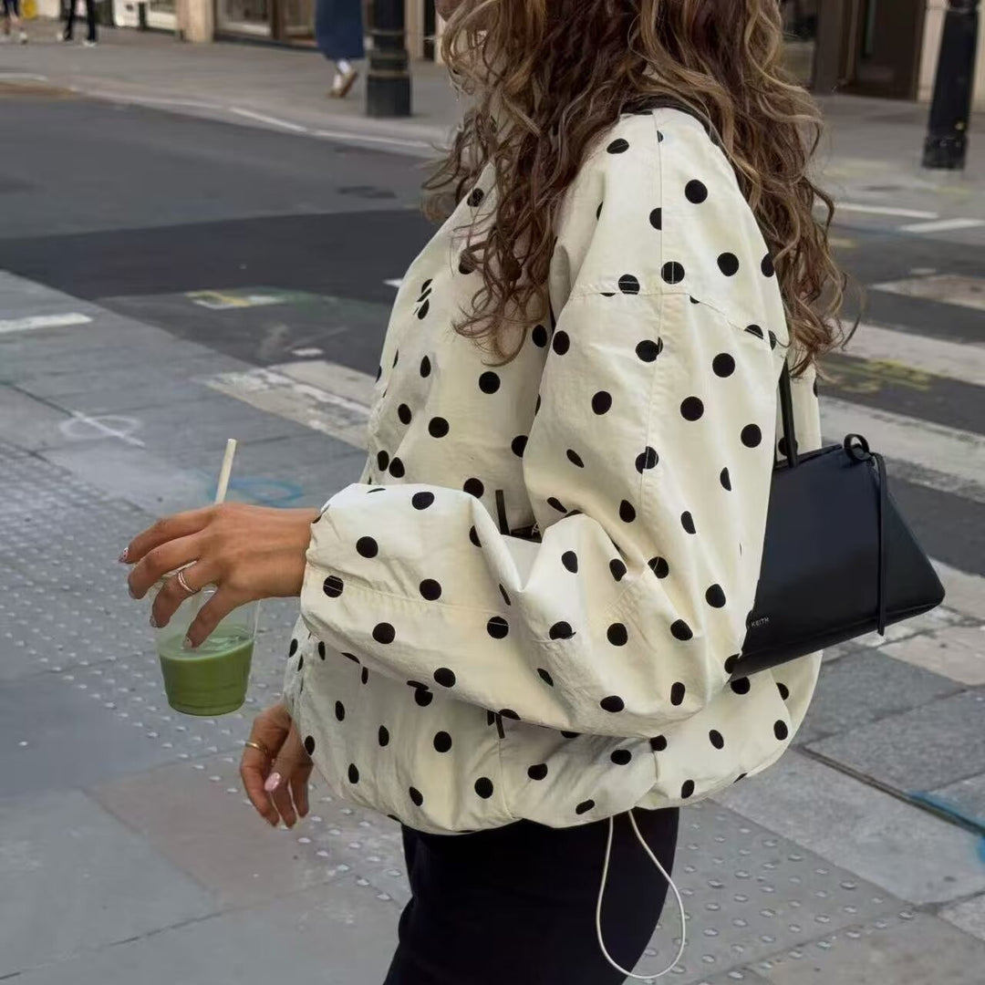 Damen Gepunktete Cropped-Übergangsjacke mit Stehkragen, Tunnelzug und Reißverschluss Drune