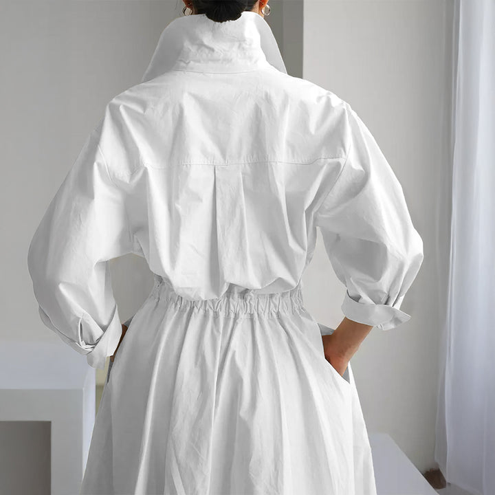 Damen nan tailliertes Hemdblusenkleid mit kastigem Kragen, mittellangen Ärmeln, Seitentaschen und ausgestelltem Tellerrock Drune