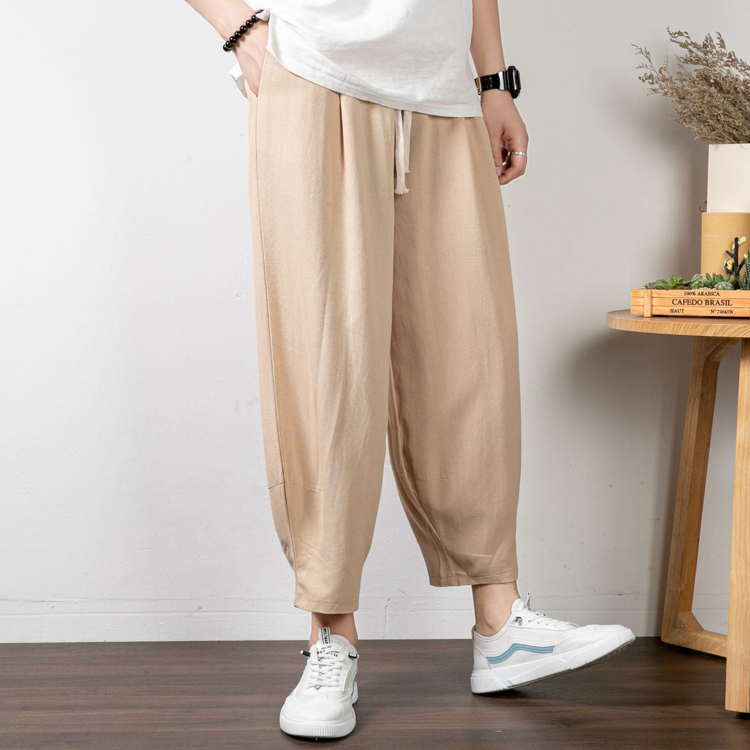 Herren Lässige Cropped Haremshose aus Baumwollmix mit Tunnelzug und gerippten Knöchelbündchen Drune