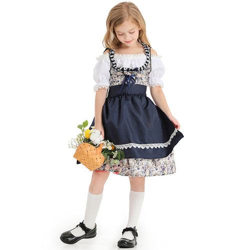 Damen nan kurzes Trachtenkleid mit floraler Miederstickerei, Schnürkorsage und Spitzen-Schürze Drune