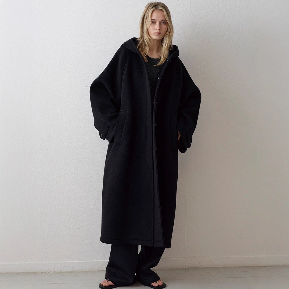 Damen Eleganter Oversize-Mantel mit Kapuze und praktischen Taschen Drune