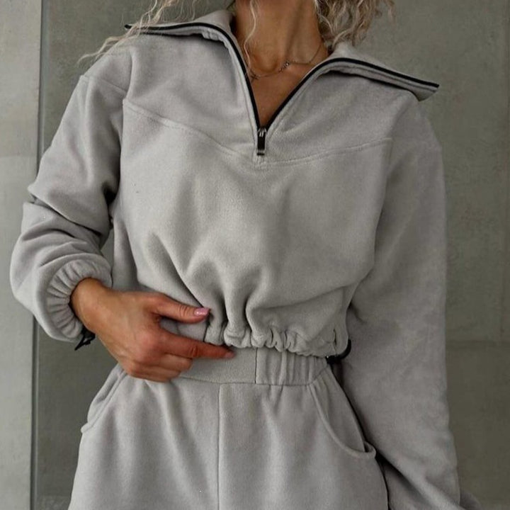 Damen Fleece-Cropped-Sweatshirt mit halbem Reißverschluss und Tunnelzug Drune