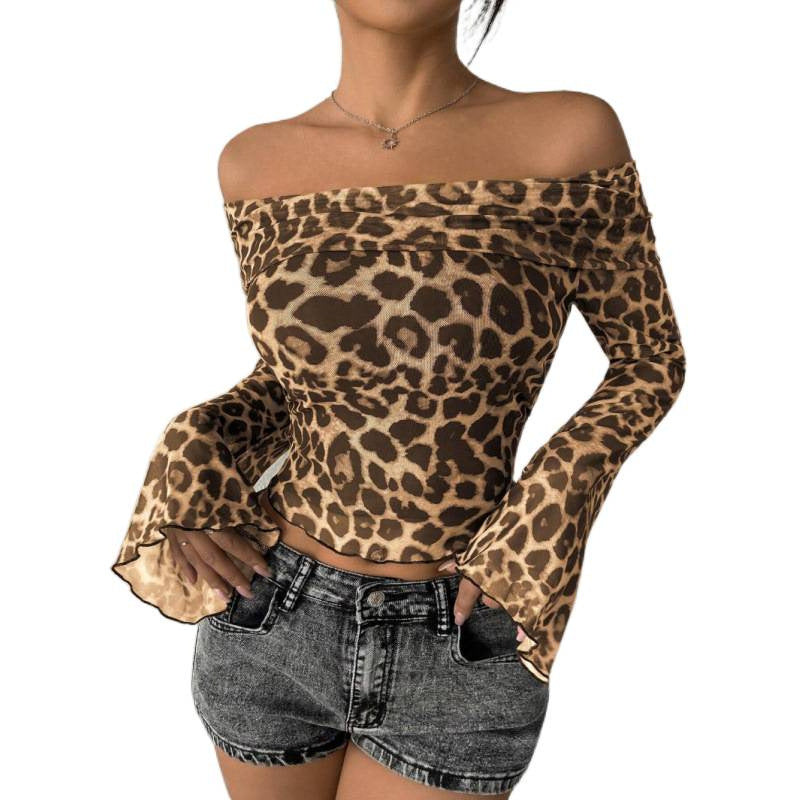 Damen Off-Shoulder Top mit lässigen Glockenärmel und animalischem Muster Drune