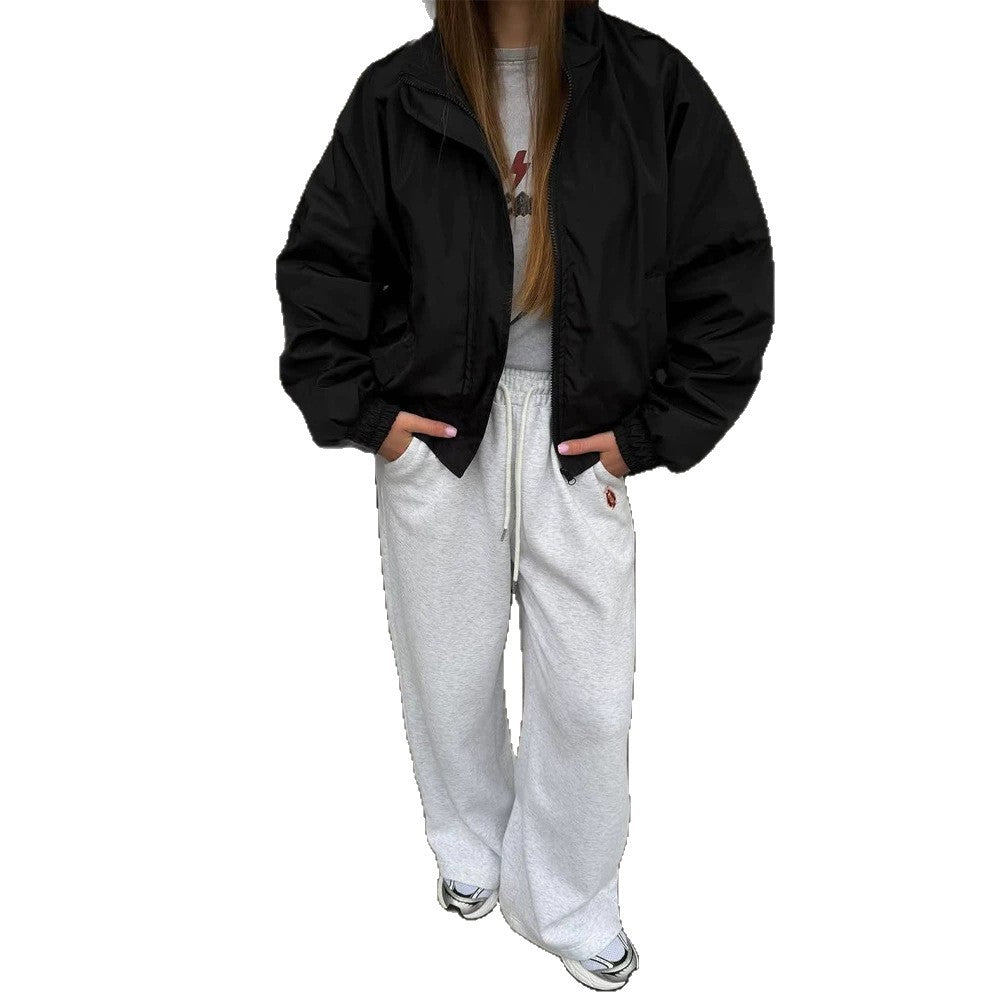 Damen Oversize Cropped Bomberjacke mit Stehkragen und Reißverschluss Drune
