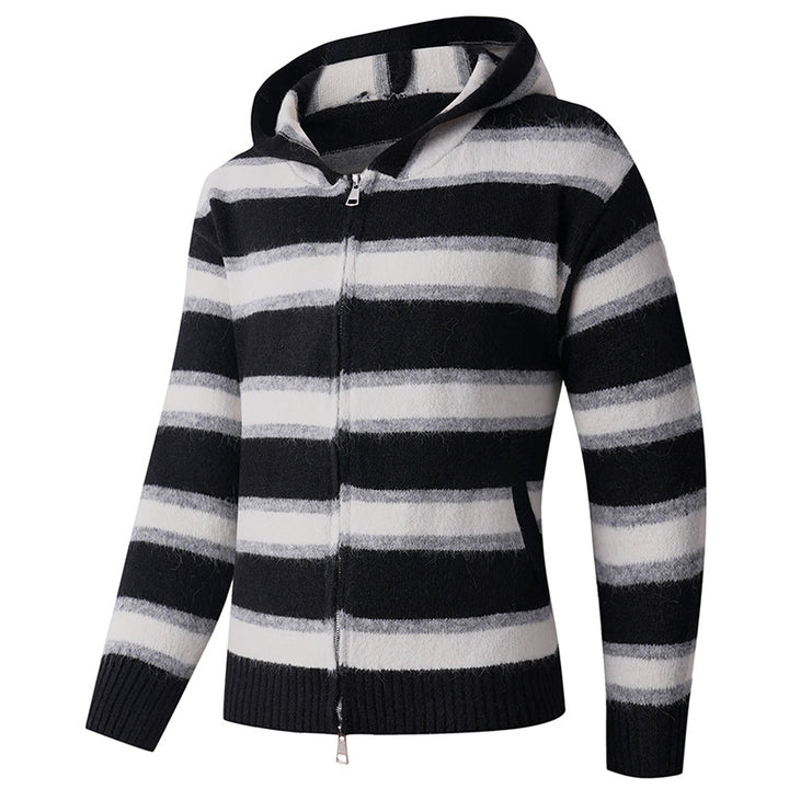Herren Flauschige Kapuzen‑Strickjacke mit Doppelreißverschluss, Rippbündchen und horizontalem Streifenmuster Drune