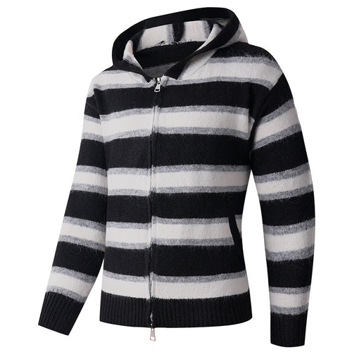 Herren Flauschige Kapuzen‑Strickjacke mit Doppelreißverschluss, Rippbündchen und horizontalem Streifenmuster Drune
