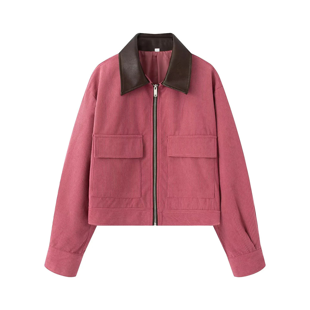 Damen nan kurz geschnittene Cordjacke mit kontrastierendem Kragen, verdecktem Reißverschluss und aufgesetzten Klappentaschen Drune