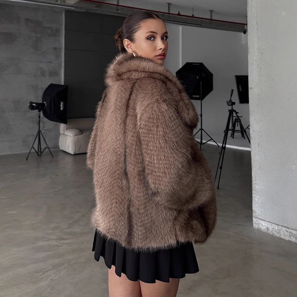 Damen Kunstfell-Jacke mit luxuriösem Schnitt und voluminösen Ärmeln Drune