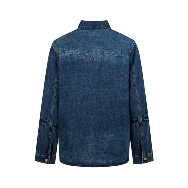 Unisex Jeans-Overshirt mit Druckknöpfen, Westernpasse und schlichten Eingrifftaschen Drune