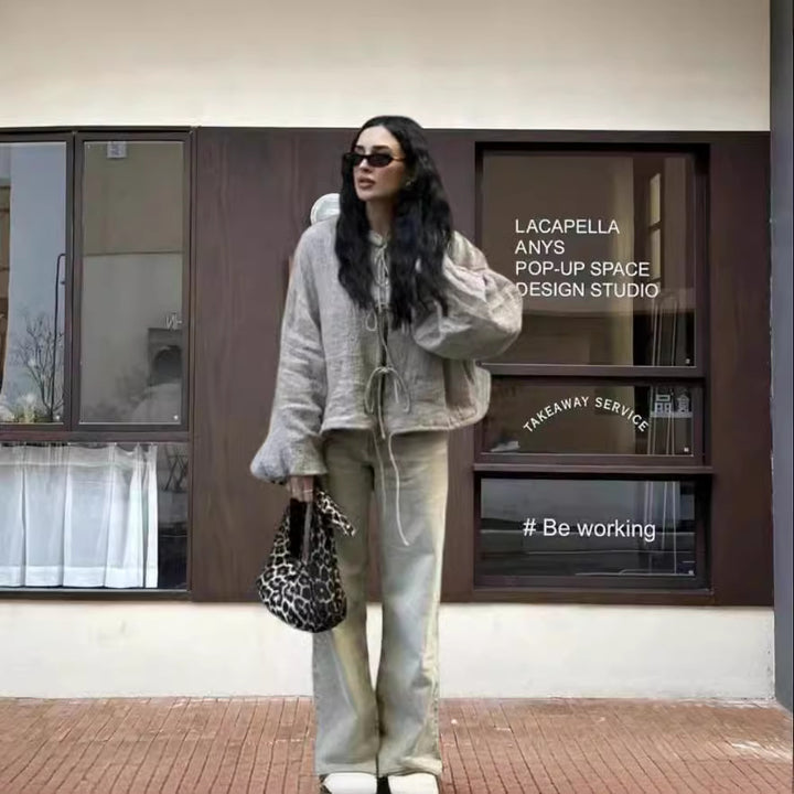 Damen leicht gefütterte Knitjacke mit Kordelzug und weiten Ärmeln Drune