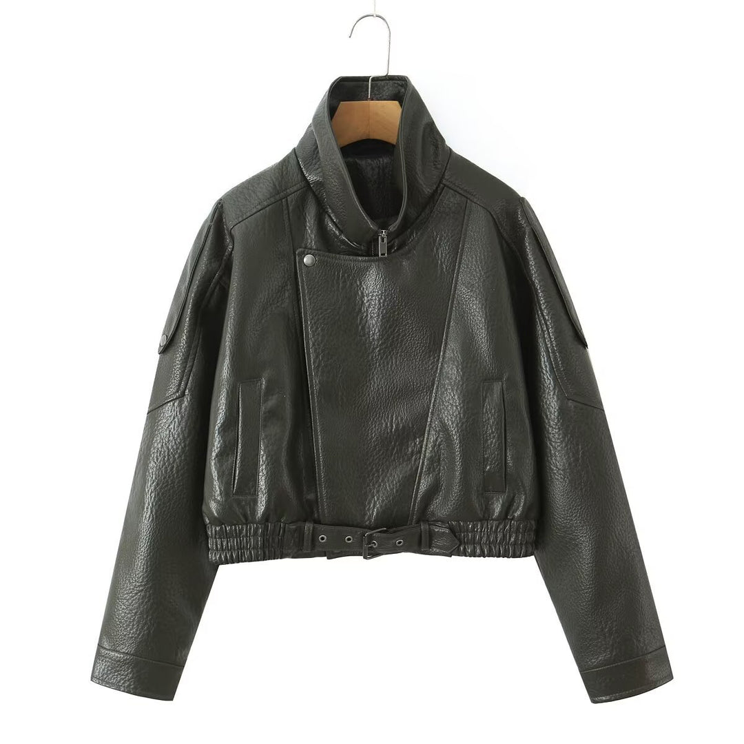 Damen Cropped Bikerblouson aus veganer Lederoptik mit asymmetrischer Frontpatte und Taillenbund Drune